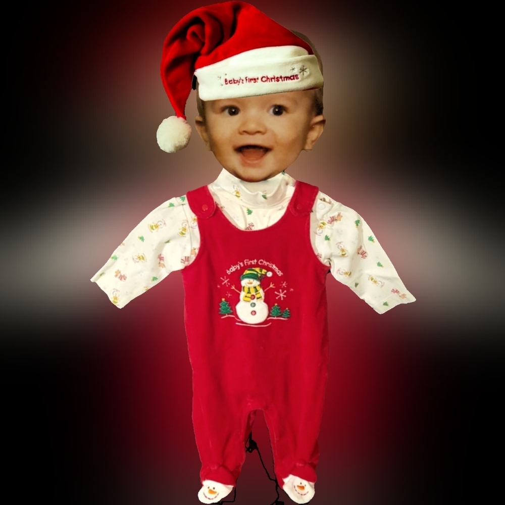 Vtg Y2K KRU red velvet snowman graphics baby 1st Christmas jumper Santa hat 6-9m
